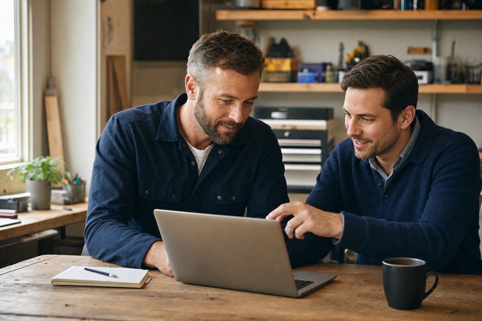 Two small-business professionals reviewing a website together in a workshop