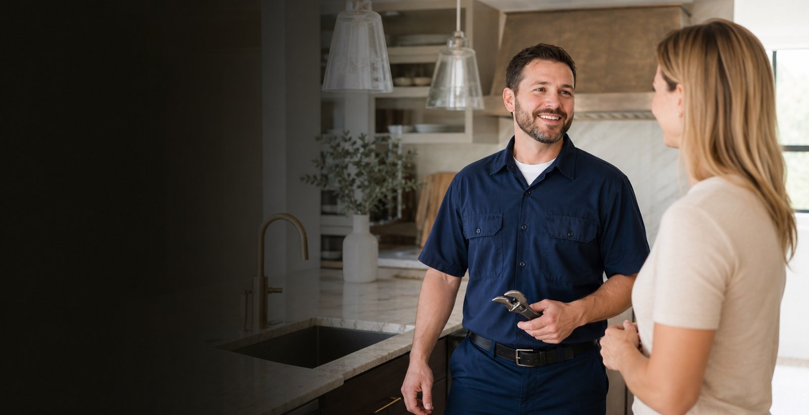 Professional plumber speaking with a homeowner in a luxury kitchen